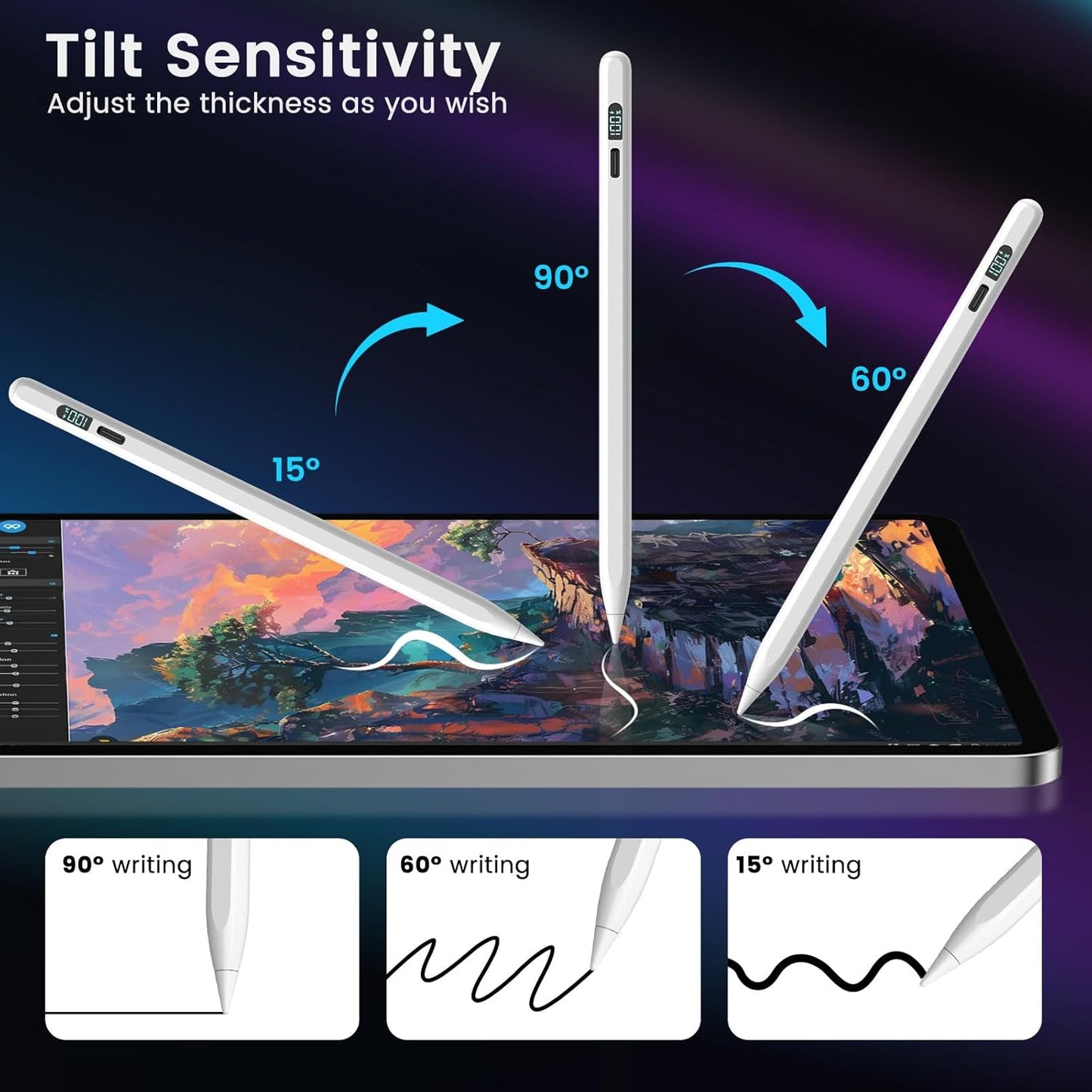 StylusHome iPad Pencil LED Display 15 Mins Fast Charge Stylus Pen for iPad with Palm Rejection for 2018-2025 iPad Air 3/4/5/M2/M3, iPad mini 5/6, iPad 6/7/8/9/10/11, iPad Pro 11",12.9"&M4 (White)