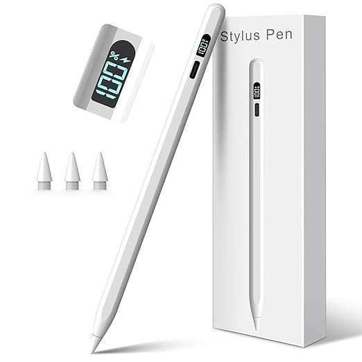 StylusHome iPad Pencil LED Display 15 Mins Fast Charge Stylus Pen for iPad with Palm Rejection for 2018-2025 iPad Air 3/4/5/M2/M3, iPad mini 5/6, iPad 6/7/8/9/10/11, iPad Pro 11",12.9"&M4 (White)