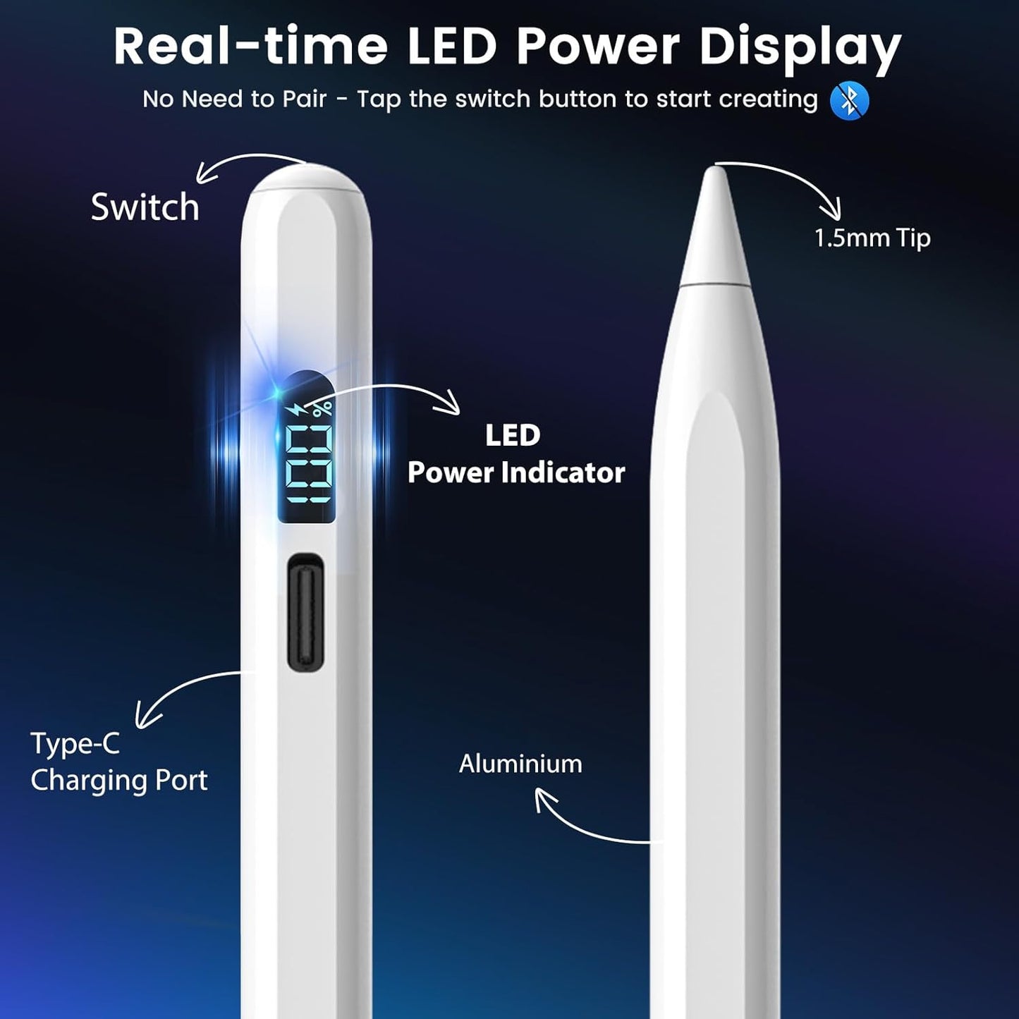StylusHome iPad Pencil LED Display 15 Mins Fast Charge Stylus Pen for iPad with Palm Rejection for 2018-2025 iPad Air 3/4/5/M2/M3, iPad mini 5/6, iPad 6/7/8/9/10/11, iPad Pro 11",12.9"&M4 (White)
