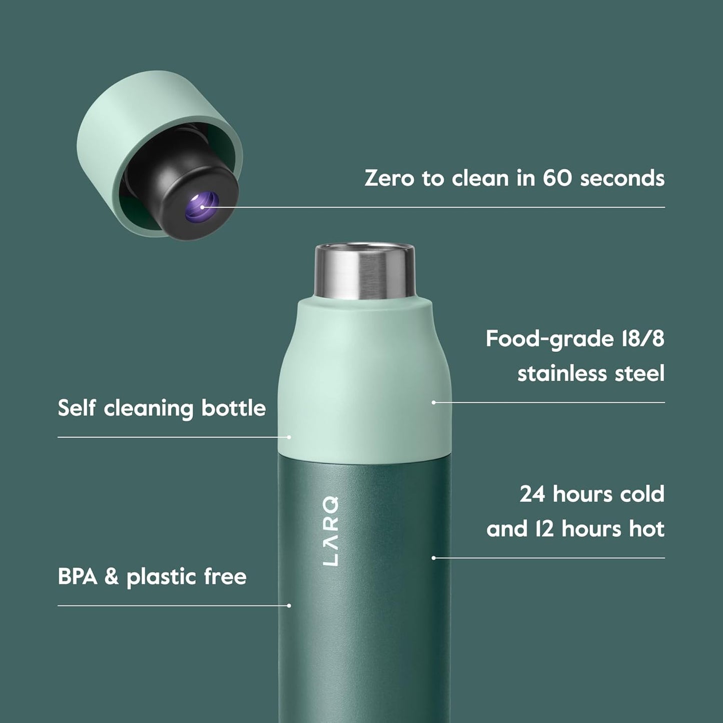 LARQ Bottle Purevis 17 Oz - Self-Cleaning And Insulated Stainless Steel Water Bottle With UV Water Purifier And Award-Winning Design | Reusable & Travel Friendly, 1-Year Warranty, Monaco Blue, 500 Ml