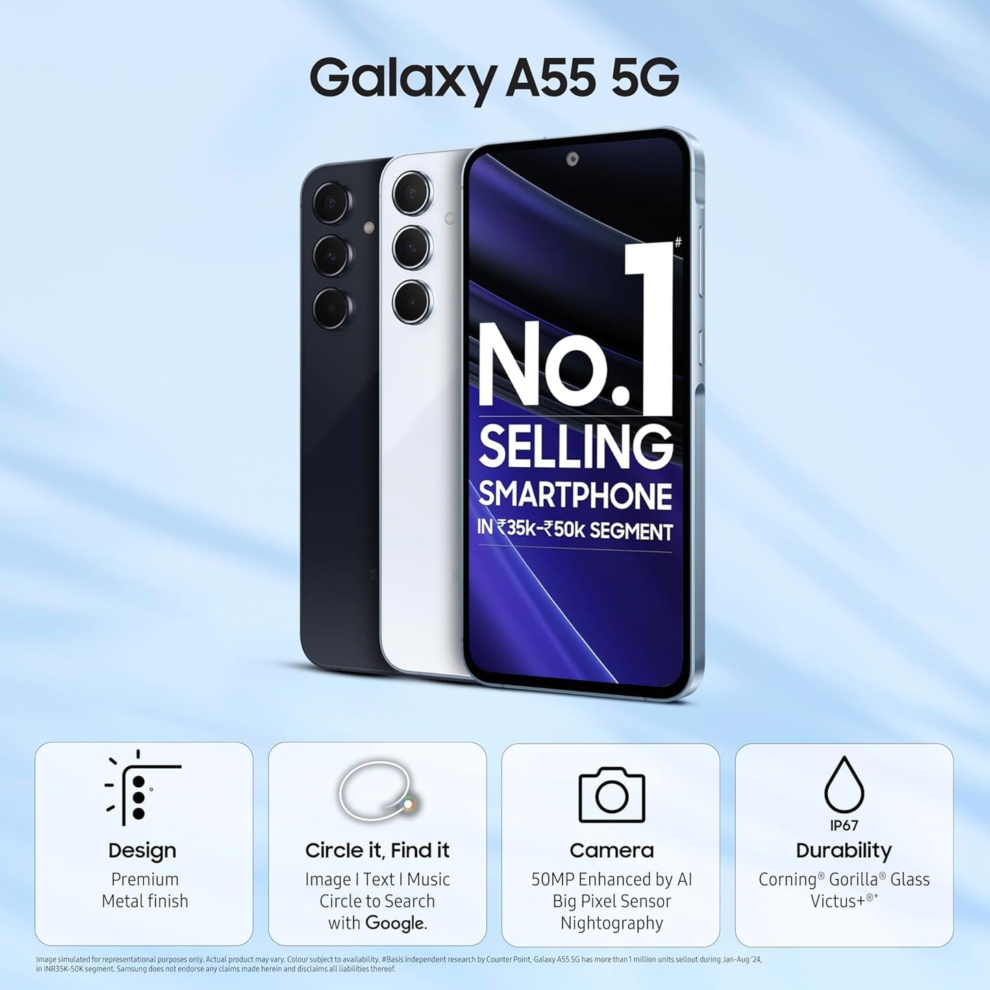 Samsung Galaxy A55 5G (Awesome Navy, 8GB RAM, 256GB Storage) | AI | Metal Frame | 50 MP Main Camera (OIS) | Super HDR Video| Nightography | IP67 | Corning Gorilla Glass Victus+ | sAMOLED Display