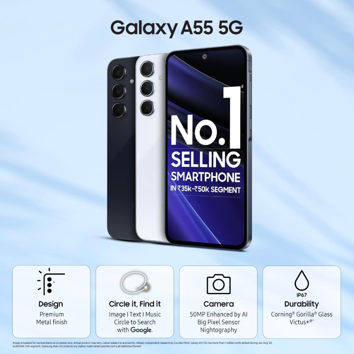 Samsung Galaxy A55 5G (Awesome Navy, 8GB RAM, 256GB Storage) | AI | Metal Frame | 50 MP Main Camera (OIS) | Super HDR Video| Nightography | IP67 | Corning Gorilla Glass Victus+ | sAMOLED Display