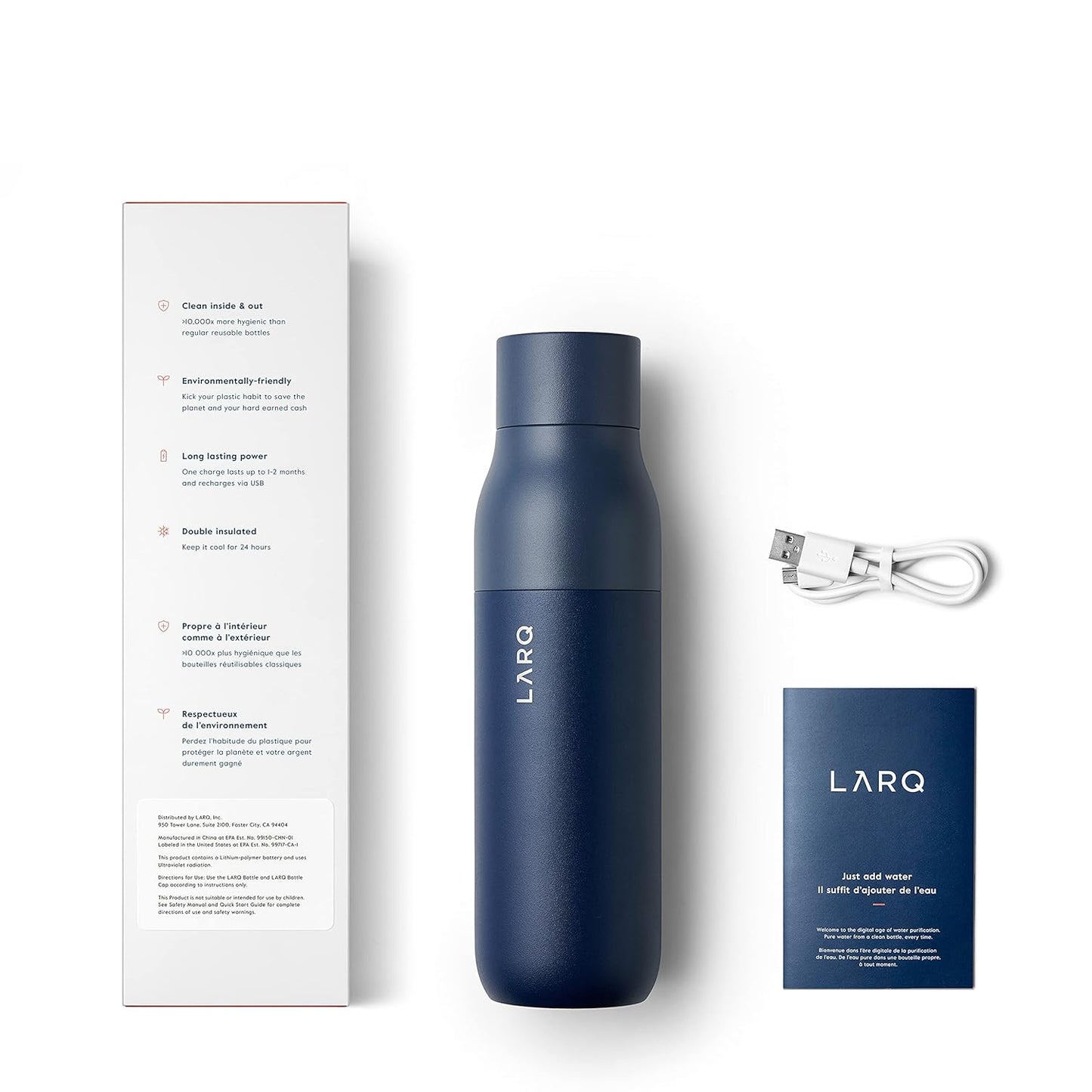 LARQ Bottle Purevis 17 Oz - Self-Cleaning And Insulated Stainless Steel Water Bottle With UV Water Purifier And Award-Winning Design | Reusable & Travel Friendly, 1-Year Warranty, Monaco Blue, 500 Ml