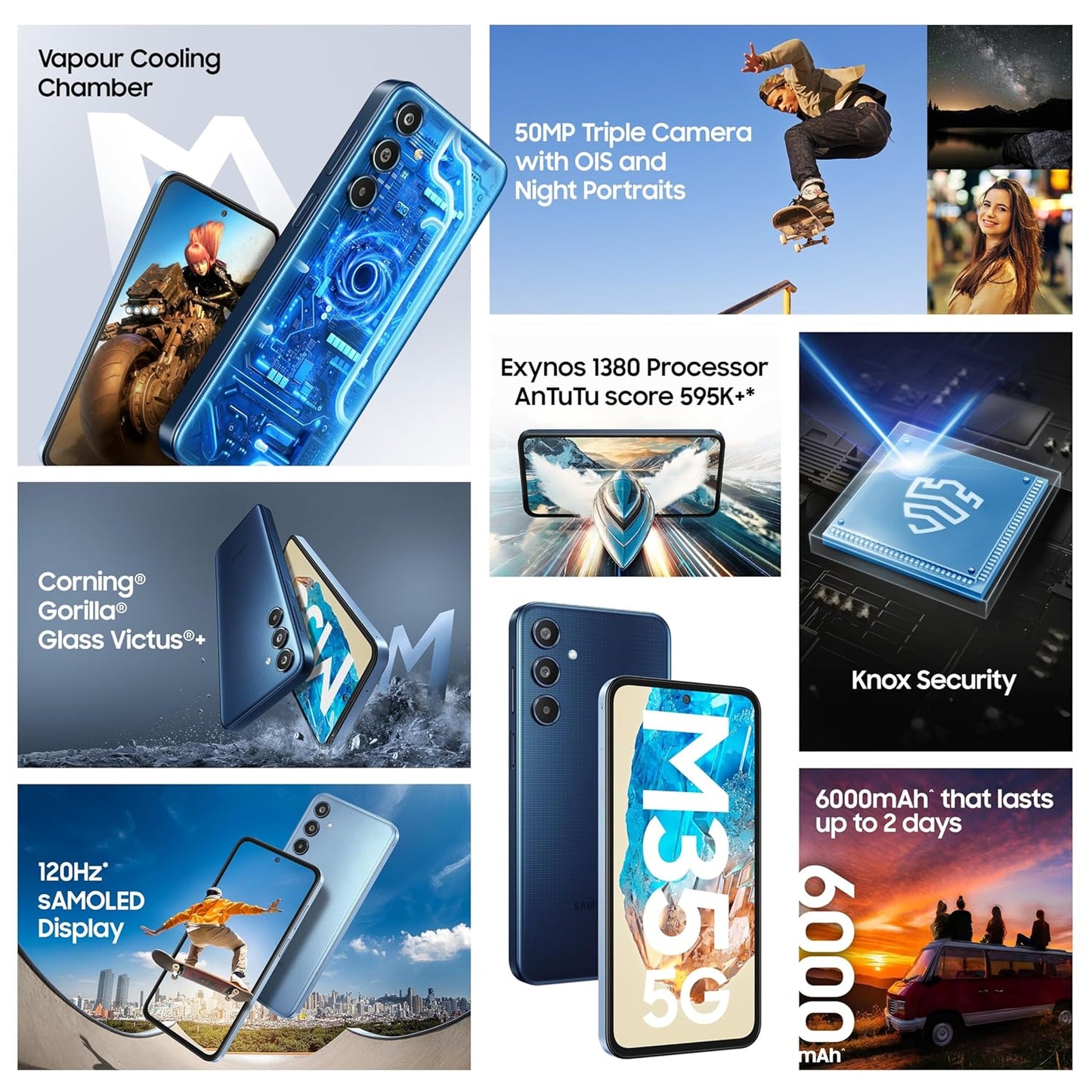 Samsung Galaxy M35 5G (DayBreak Blue,8GB RAM,128GB Storage)| Corning Gorilla Glass Victus+| AnTuTu Score 595K+| Vapour Cooling Chamber| 6000mAh Battery| 120Hz Super AMOLED Display| AI| Without Charger